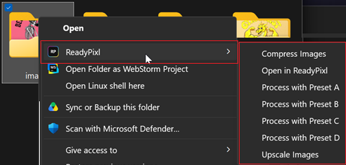 Windows right-click menu showing the ReadyPixl submenu — Compress Images, Open in ReadyPixl, and Process with Preset A/B/C